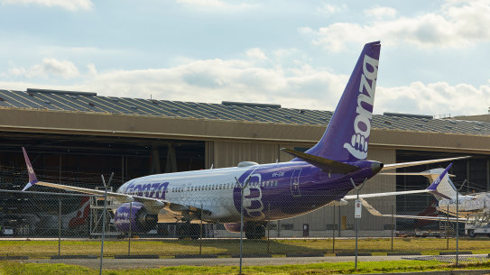 One of Bonza’s grounded Boeing 737 Max-8 aircraft on May 1. 