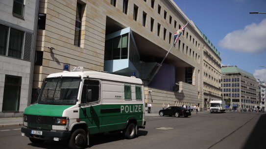 A police car outside the British Embassy  in Berlin.