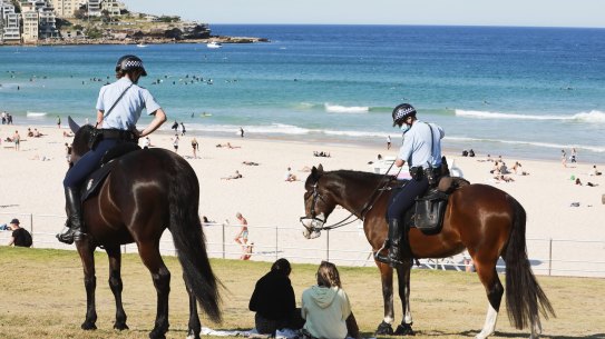 Police patrolling Bondi beach on the weekend.