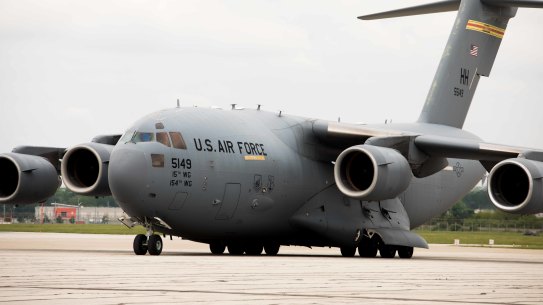 A US military aircraft carrying 132 pallets of Nestle Health Science Alfamino Infant and Alfamino Junior formula arrives to Indianapolis International Airport in Indianapolis, Indiana.
