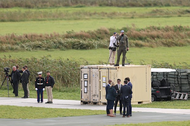 Security and military personnel prepare for the arrival of the U.S. President on day three of the Amgen Irish Open at Trump International Golf Links in Doonbeg on September 12, 2026 in Clarecastle, Ireland
