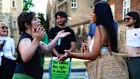 It’s how your frame it. A pro-choice protester, left, and a pro-life protester arguing as rival groups gathered outside the UK Parliament last year. 