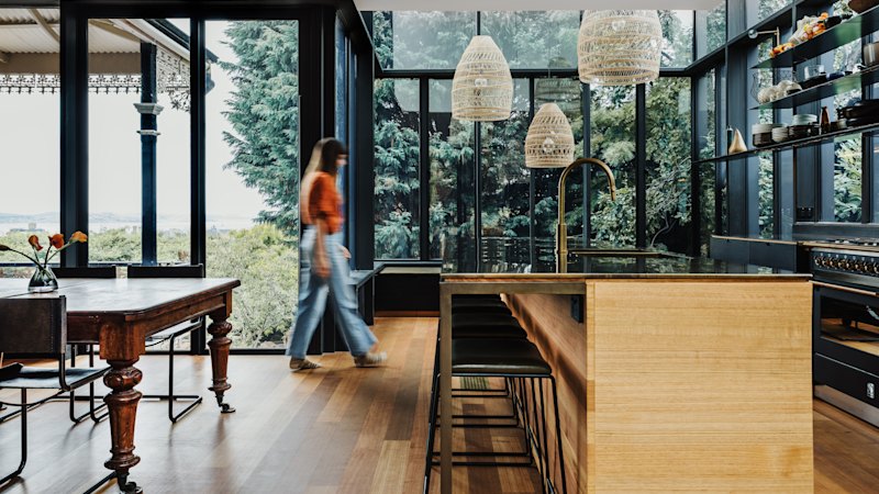 This regal kitchen has dramatic views of Hobart’s skyline and the Derwent River