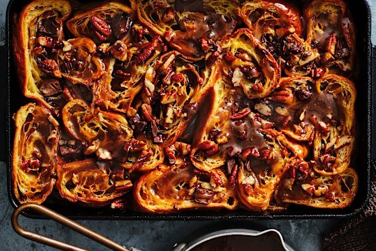 Bread and butter pudding that’s boozy and a little chocolatey.