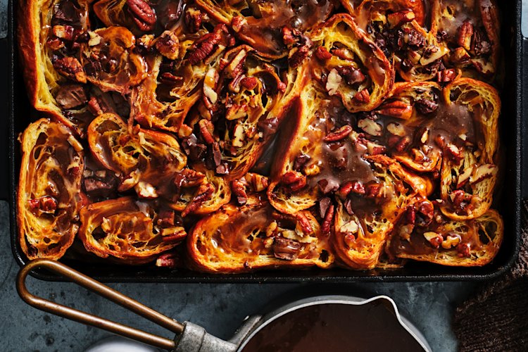 Bread and butter pudding that’s boozy and a little chocolatey.