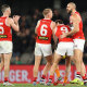 MELBOURNE, AUSTRALIA - JULY 01: The Saints celebrate after they defeated the Blues during the round 16 AFL match between the Carlton Blues and the St Kilda Saints at Marvel Stadium on July 01, 2022 in Melbourne, Australia. (Photo by Robert Cianflone/Getty Images)