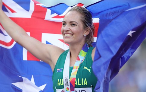 Kelsey-Lee Barber celebrates winning javelin gold at the 2022 World Athletics Championships.
