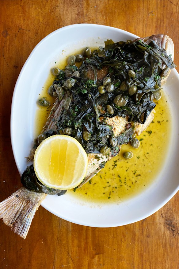 Pan fried snapper with burnt butter, seaweed and capers. 