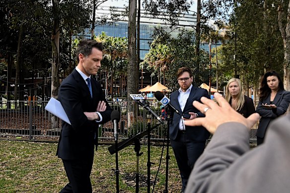 NSW Premier Chris Minns during a press conference at Tumbalong Park, Darling Harbour.
