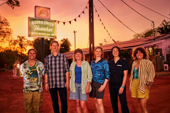 Madeleine Sami, Kate Box, Kate McLennan, Kate McCartney, Nina Oyama and Alicia Gardiner on set in Batchelor, in the Northern Territory.