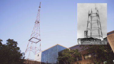 Then and now ... the TCN-9 site in 2020 and, inset, the transmitter tower during construction in 1956.
