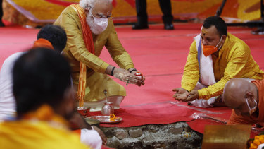 Indian Prime Minister Narendra Modi performs the groundbreaking ceremony of a temple dedicated to the Hindu god Ram in Ayodhya, India, last year. Modi  wants to see the Indian economy double in size by 2024.