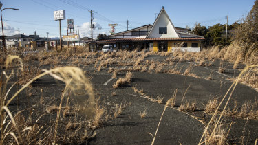 Weeds grow in the parking lot of an abandoned restaurant along Route 6, just outside the exclusion zone around the Fukushima plant.