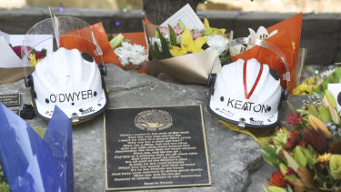 The helmets of Geoffrey Keaton and Andrew O’Dwyer outside the Horsley Park RFS brigade.