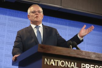 Prime Minister Scott Morrison during his address to the National Press Club of Australia in Canberra on Monday.