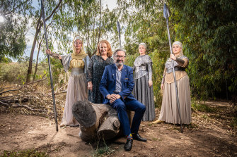 Melbourne Opera’s Suzanne Chaundy and Greg Hocking with Valkyries (left to right) Dimity Shepherd, Eleanor Greenwood and Jordan Kahler.