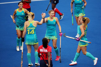 The Hockeyroos celebrate after scoring another goal against Kenya. 