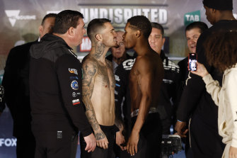 George Kambosos jnr and Devin Haney face off at the weigh-in on Saturday in Melbourne.