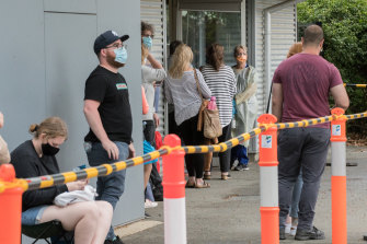 People queuing for coronavirus tests in Shepparton, about two and a half hours north of Melbourne. 
