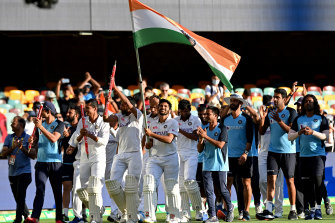 India celebrate a stunning series victory over Australia in 2020-21.