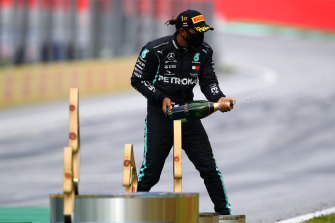 Lewis Hamilton celebrates victory in the Styrian GP.