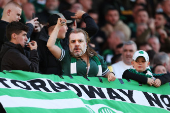 Celtic fans pay tribute to Anjou Pastecaglu during the Scottish Premier League match against Dundee United.