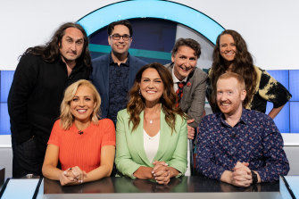 The Australian version of Would I Lie to You cast in episode one (clockwise from left) Ross Noble, team captains Chris Taylor and Frank Woodley, Zoe Coombs Marr, Luke McGregor, host Chrissie Swan and Carrie Bickmore. 