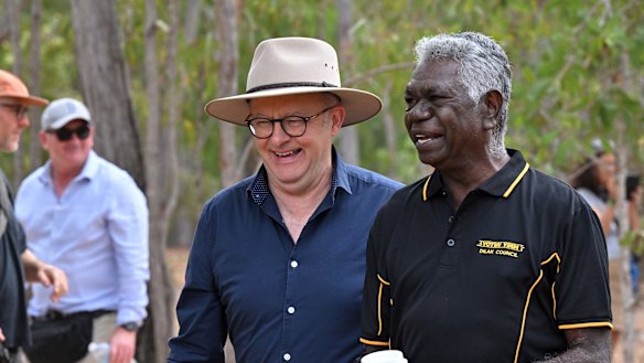Prime Minister Anthony Albanese and Gumatj leader Djawa Yunupingu at the Garma Festival on Saturday.