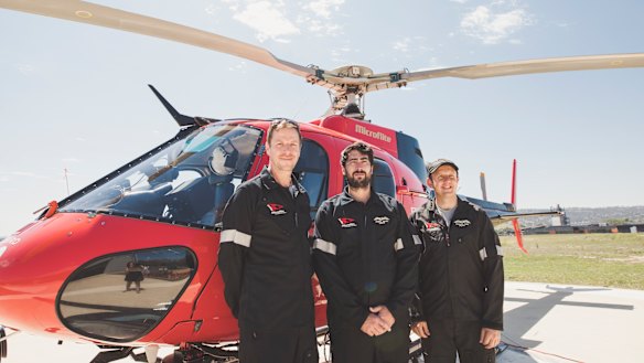 Camera systems officer Petri Miniotas, Senior technician James Kagel, and Pilot of Firebird 100 Morgan Ford.