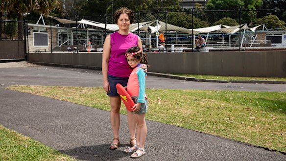 "I don't know what to do, I'm dreading it": Chloe Groom with her daughter Iris outside Victoria Park pool in Camperdown.