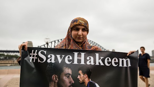 Fatima Yazbek, of Gulf Institute for Democracy and Human Rights, at the demonstration in Sydney on Thursday.