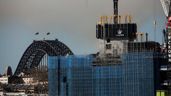 A view from Pyrmont of Crown Casino being constructed at Barangaroo in Sydney on Thursday.