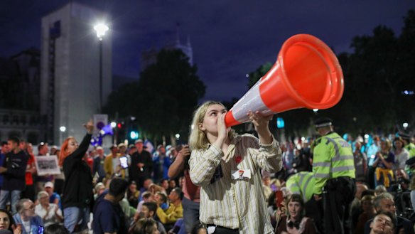 A protester chants anti-Brexit slogans in London.
