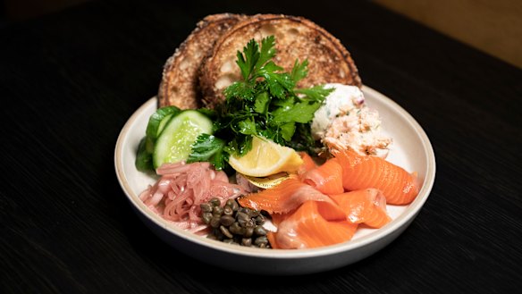 The bagel and smoked trout works like a picnic on a plate.