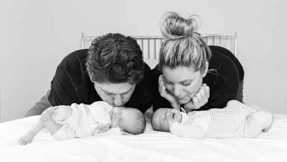 Josh and Philippa with babies Andie, left, and Hunter.