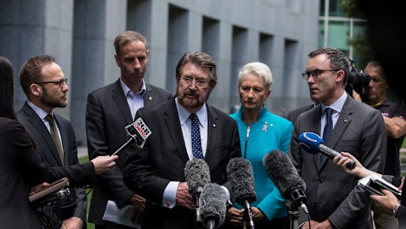 Dr Kerryn Phelps MP, Andrew Wilkie MP, Adam Bandt MP, Senator Nick McKim, Senator Tim Storer and Senator Derryn Hinch speak to the media about discuss a new crossbench bill that would require the urgent evacuation to Australia of any asylum seeker or refugee on Manus Island or Nauru.