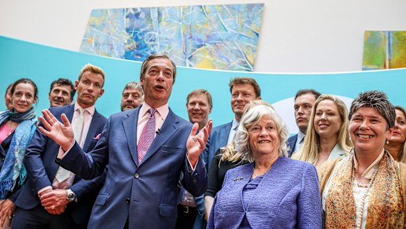 Brexit Party leader Nigel Farage speaks to the media at an event to mark the gains his party made in the European Elections, in London.