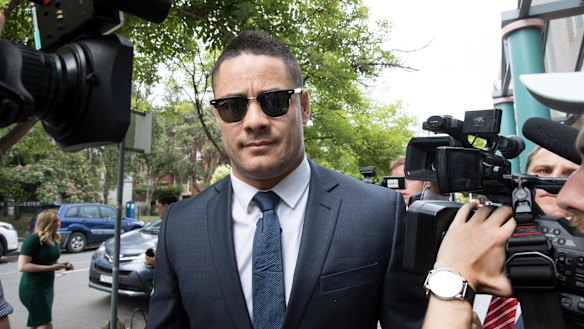 Stony-faced: Jarryd Hayne arrives at court at Burwood on Monday.