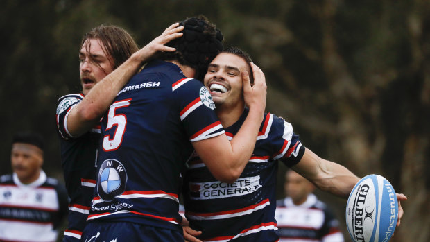 Eastern Suburbs back-rower Charlie Smith celebrates a try in his side's 36-10 win over West Harbour. 