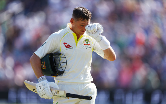 A dejected Marnus Labuschagne walks after losing his wicket, caught by Harry Brook off the bowling of Moeen Ali.