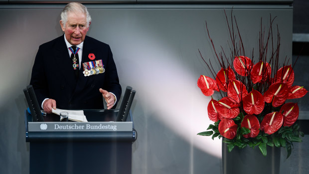 Prince Charles gives a speech on Sunday during a memorial ceremony at the German parliament Bundestag to commemorate the national day of mourning for the victims of war and dictatorship. 