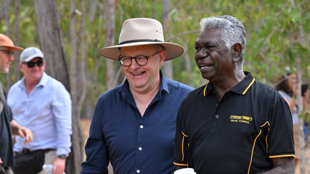 Prime Minister Anthony Albanese and Gumatj leader Djawa Yunupingu at the Garma Festival on Saturday.