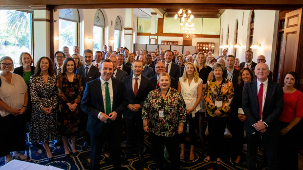 WA Premier Mark McGowan with the first Labor caucus following the 2021 landslide election.
