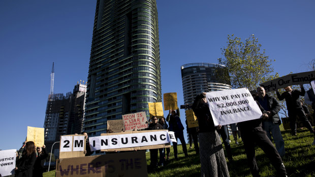 Angry owners outside Opal Tower in Sydney Olympic Park. 