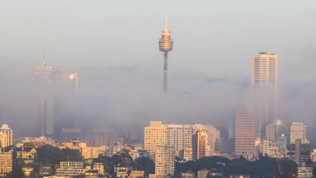 Sydney’s CBD is shrouded in a thick fog on Wednesday morning, seen from Dover Heights.