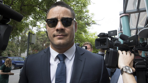 Jarryd Hayne arrives at Burwood Local Court for a committal hearing on an aggravated sexual assault charge.