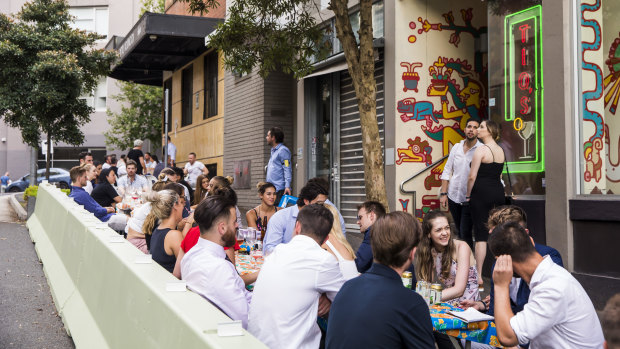 Tio’s Cerveceria in Surry Hills has taken over car parks on the street for outdoor dining. 