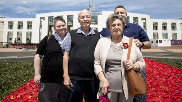 World War II veteran Don Haggarty, 92, and his wife Josie with their son Chris and daughter-in-law Alyson Brown at the opening of the carpet of poppies.