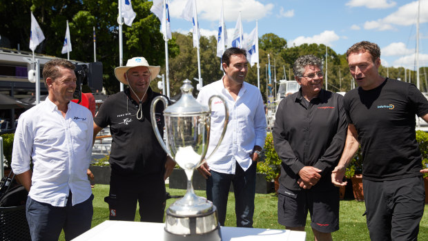 Mark Bradford of Black Jack, David Witt of Sun Hung Kai/Scallywag, Mark Richards of Wild Oats XI, Jim Cooney of Comanche and Christian Beck of Infotrack are seen during a Sydney to Hobart yacht race briefing on Monday.