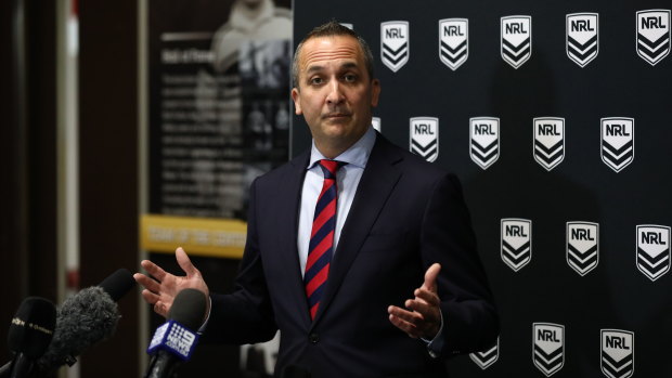 NRL CEO Andrew Abdo addresses the media following news the Dolphins have been confirmed as the competition’s 17th team.